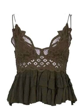 Free People Adella Cami Medium Lace Ruffled Tank Top in Olive Sparrow color
